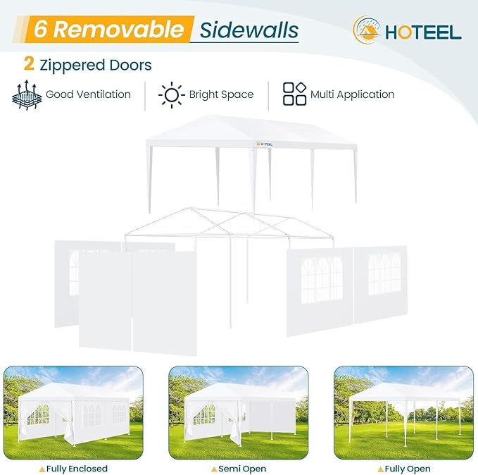 HOTEEL 10x20FT Party Tent Outdoor Canopy for 20-30 People with 6 Removable Sidewalls, 2 Zipper Doors, 12 Ropes and 24 Stakes, Carpas para Fiestas for Wedding Patio Backyard, White