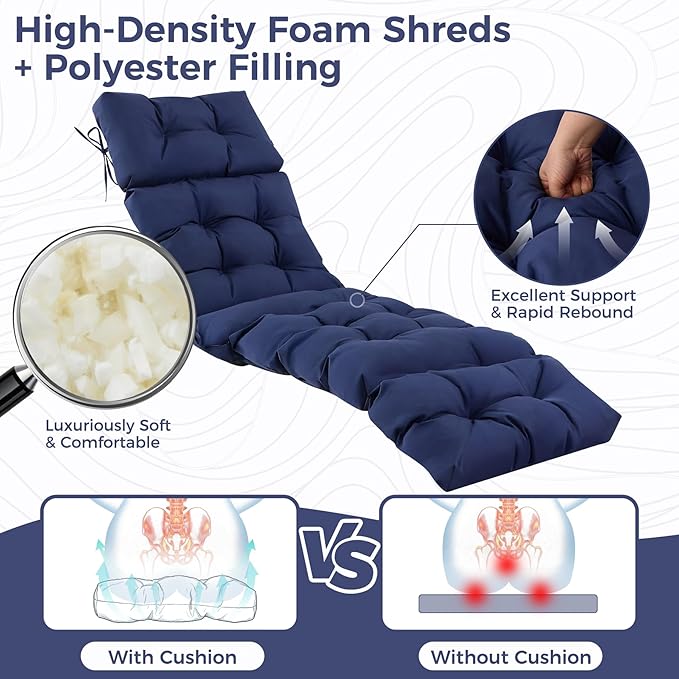 Outdoor Chaise Lounge Cushions 75.1x22.8x4.7 Inch, Waterproof Lounge Chair Cushions for Pool, Patio, Deck, Lawn, Fade Resistant Lounge Cushions for Outdoor Furniture with Ties, Navy Blue