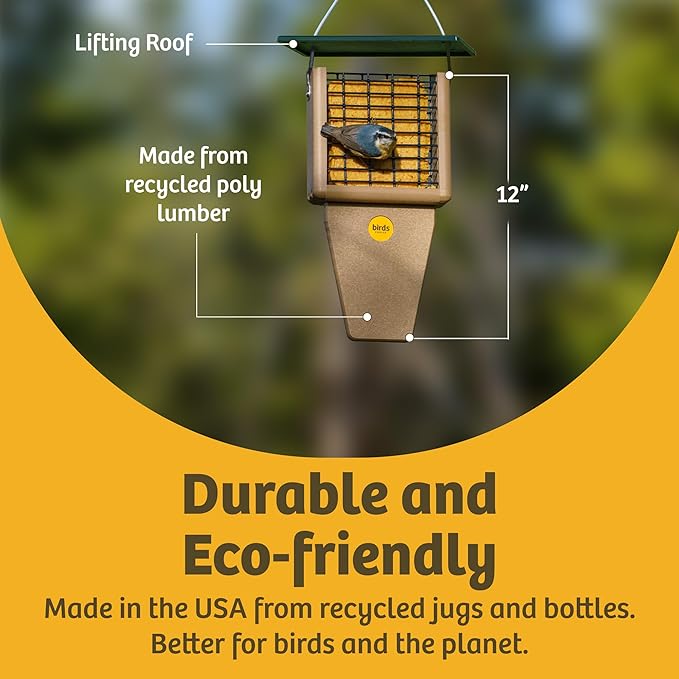 Birds Choice Suet Feeder with Tail Prop, Holds 1 Suet Cake | Hanging Suet Bird Feeder with Roof, Woodpeckers, Jays, Nuthatches | Sturdy for Garden & Backyard | Taupe & Brown, 8"L x 3"W x 12"H