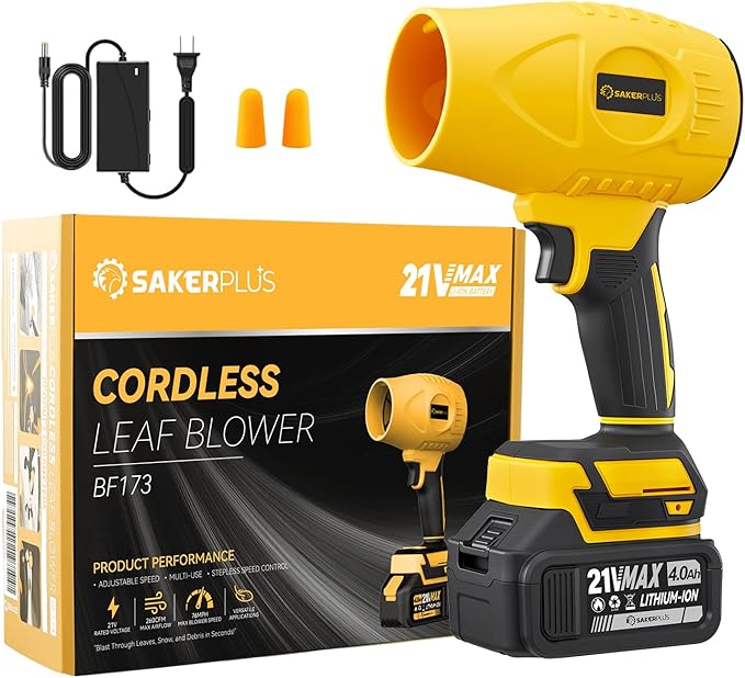 SakerPlus Cordless Leaf Blower, 180000 RPM Portable Dust Cleaner 4.0Ah Battery with Adjustable Speed for Patio Driveways Workshop Lawn Cleaning (1 Battery)