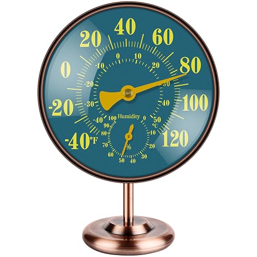 4 Inch Outdoor Thermometer and Humidity Gauge, Analog Brass Thermometer Hygrometer Combo with Large Blue-Green Dial, Fahrenheit/Celsius, Waterproof for Patio, Garden, Indoor Wall or Desk with Stand