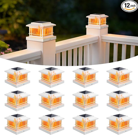 NIORSUN Solar Post Lights Outdoor, Fence Post Solar Lights with Flickering Flame Light & 3 Color Temps, Waterproof, Garden Patio Fence Deck Decor, 4x4 Posts Caps, 4x4, 5x5 Wooden &Vinyl (12Pack,White)