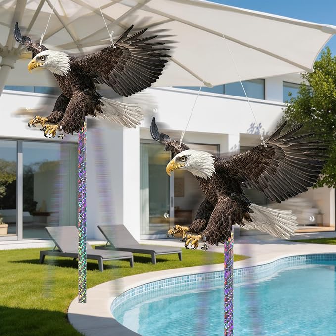 Fake Eagle to Keep Pigeon Woodpecker Animals Away, 3 Pack Hanging Flat Plastic Fake Eagle with Reflective Tape to Scare Animals Away for Outside Garden Balcony Window Outdoor Patio Backyard Porch