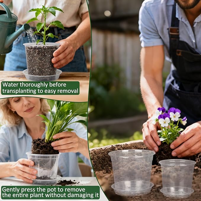 10/8/6/4 Inch Clear Nursery Pots with Drainage Holes and Saucers, 12 Pack Large Clear Pots for Plants Variety Pack, Plastic Nursery Pots for Succulents, Seedings, Herbs, Flowers, Vegetables