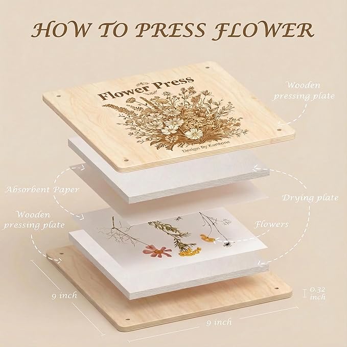 Kaokane Flower Press Kit, 9x9 Large Wooden Flower Presser with 4 Reusable Drying Plates & 4 Blotting Papers, Handcrafted Botanical Pressing Kit for Wedding Flowers, DIY Art Crafts Mothers Day Gifts