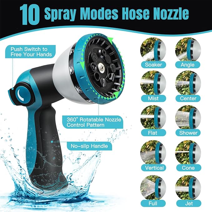 Gardentime 75FT Non-Expandable Garden Hose, Heavy Duty Flexible Water Hose with Leakproof 3/4" Fittings 10 Modes Spray Nozzle, Kink-Free, Lightweight & Durable for Yard, Lawn, Garden & Outdoor Use