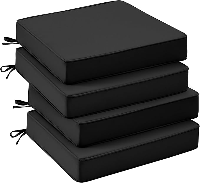 UNIKOME Outdoor Chair Cushions Set of 4, Water Resistant Patio Seat Cushions with Ties for Outdoor Furniture, High-Density Foam, UV & Fade Resistant, Piped Edge – 24" x 24" x 4", Black