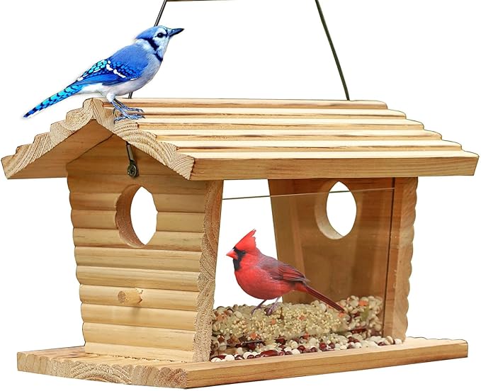 STARSWR Bluebird Feeder Outside,Mealworm Bird Feeder for Outdoors Squirrel Proof Hanging Birdhouse Feeder Wooden Bird House Feeder for Cardinal，Finch