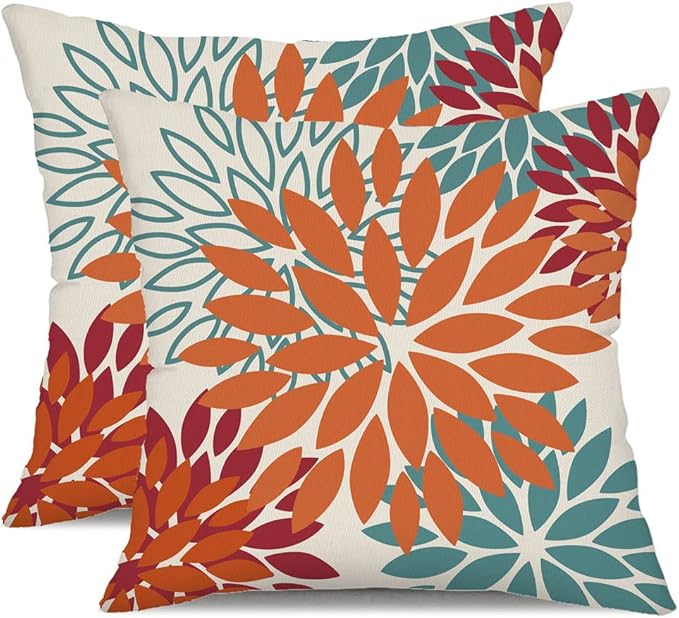 DFXSZ Orange Teal Red Flower Pillow Covers 24x24 Inch Set of 2 Fall Throw Pillows Outdoor Waterproof Decor for Living Room Sofa Patio Funiture Garden Floral Polyester Pillow Covers 002Y24