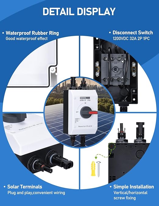 DIHOOL Solar Disconnect Switch 32 Amp DC1200V Isolator with IP66 Waterproof Enclosure for Solar Panels,Batteries,RVs and Boats