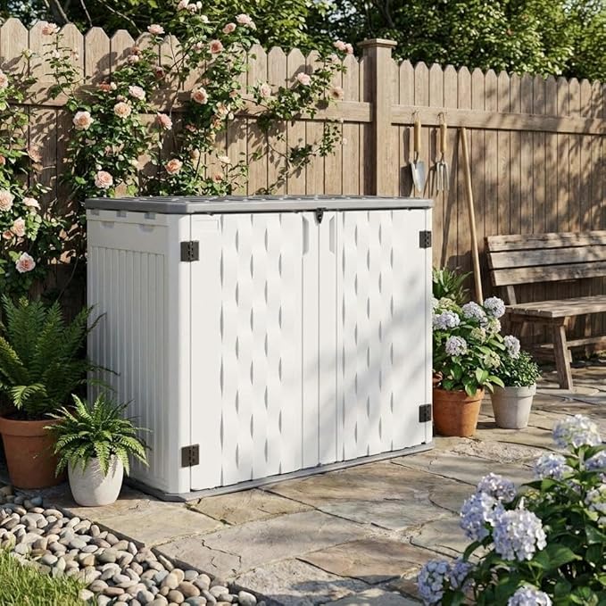 35 Cu ft Outdoor Resin Storage Shed, Outdoor Trash Can Storage, Waterproof, Outdoor Resin Storage Box for Patio Tools, Sofa Cushion, Lawn Mower and Garbage Cans