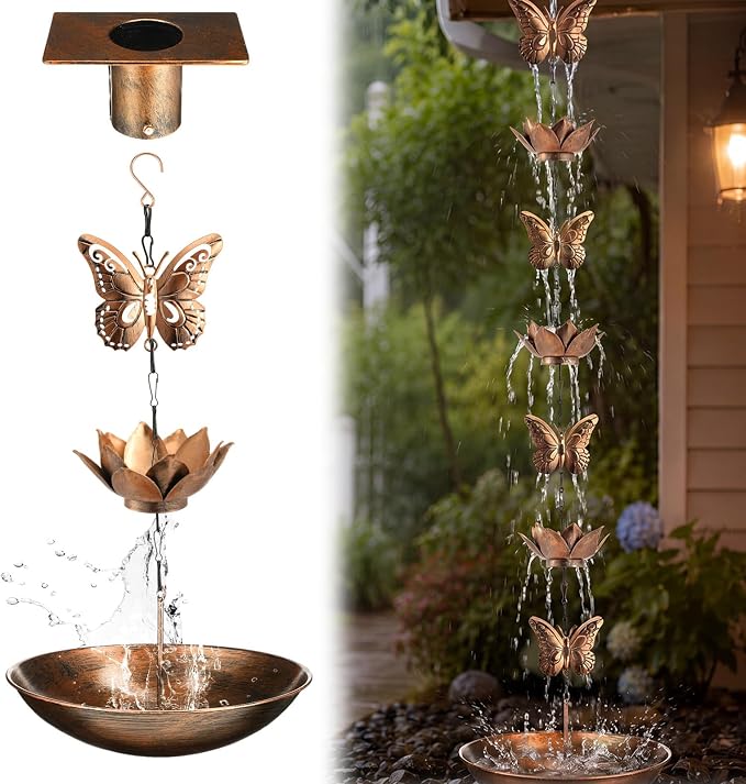 MorningRo Brass 8.5ft Rain Chains for Gutters Outside with Anchor Basin 12 Cups Rain Chain Catcher Downspout Replacement Adjustable Metal Garden Rainwater Divert for Eaves Drainage (Butterfly)