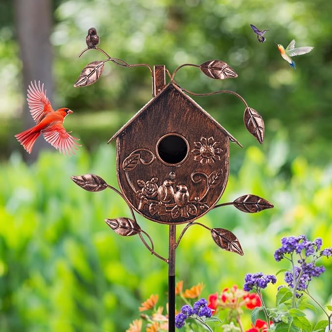 DREAMSOUL 48" Bronze Bird Houses for Outside Decorative Metal Birdhouse, Vintage Bird House Pole with 1.6" Entrance Hole for Patio, Yard, Garden