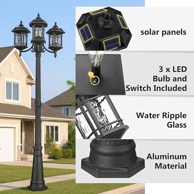 Emliviar 3-Head Outdoor Street Lights Solar Powered, Aluminum Post Lamp 100.4" Dusk to Dawn, Black Solar Column Lighting with Water Ripple Glass, 2084PL-3 SL BK-SW