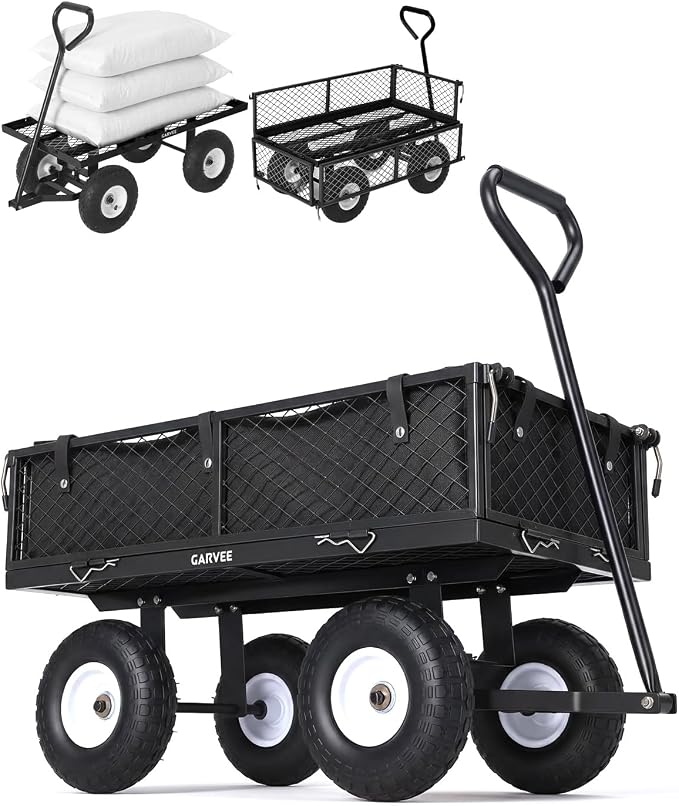 Garvee Versatile Outdoor Utility Cart-400LBS Heavy-Duty, 10" All-Terrain Pneumatic Tires, Easy Maneuverable Lawn Cart with Removable Mesh Panels for Gardening&Landscaping, Black, with Waterproof Liner
