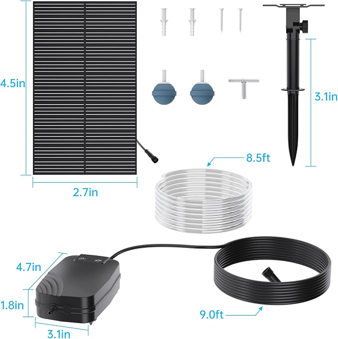 Biling 2W Solar Pond Aerator with Battery Backup, Air Hose, Air Stones, 3 Working Modes for Outdoor Fish Pond Stock Tank Aquarium