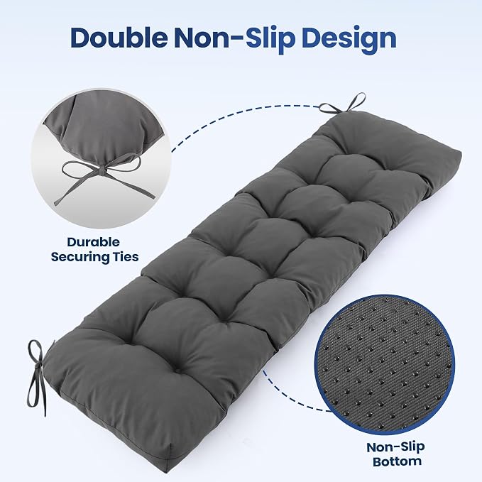IASEAHK Outdoor Bench Cushion 48x18x5 Inch, Waterproof & Fade-Resistant Patio Furniture Cushions, Tufted Memory Foam Indoor/Outdoor Cushions for Couch Swing with Non-Slip Backing & Straps, Dark Grey