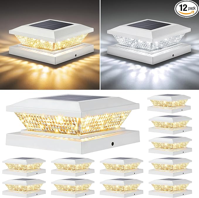 Mlambert 4x4 Solar Post Cap Lights Outdoor 12 Pack, Waterproof Solar Fence Light for Wooden/Vinyl Post, 2 Color Outside Deck Patio Porch Decor, White