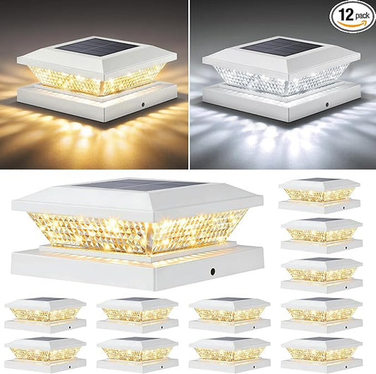 Mlambert 4x4 Solar Post Cap Lights Outdoor 12 Pack, Waterproof Solar Fence Light for Wooden/Vinyl Post, 2 Color Outside Deck Patio Porch Decor, White