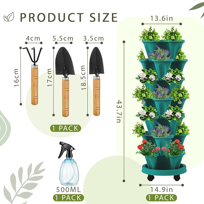 Umigy 1 Set Dark Green 7 Tier Vertical Planter Stackable Tower Planters Strawberry Herb Flower and Vegetable Pots Indoor Outdoor Gardening Pots with Removable Wheels and Tools