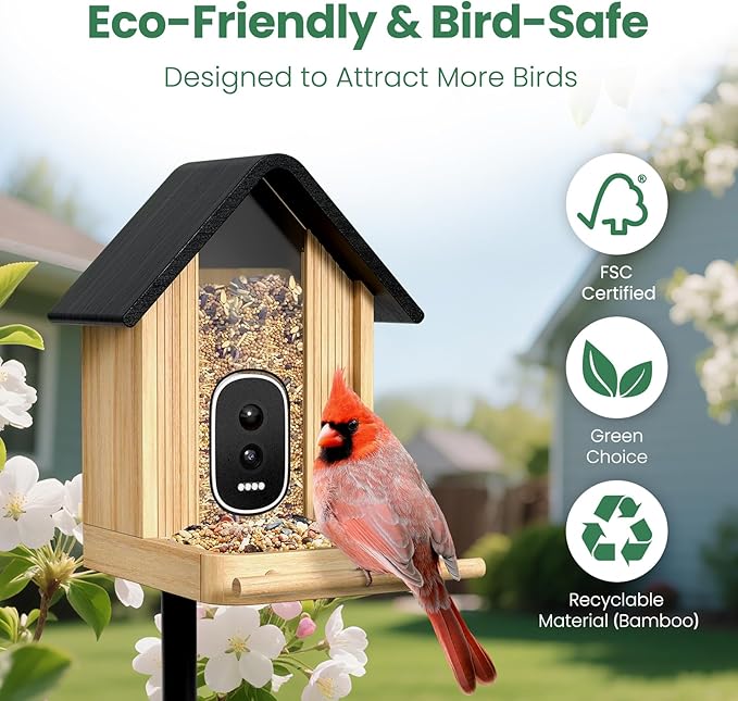 Smart Bird Feeder Camera with Solar Panel (Bamboo), 2.5K UHD AI Identification, Real-time Videos & Pictures, Wireless Solar Powered Outdoor, Ideal Garden Decor & Bird Watcher, Gift for Mom