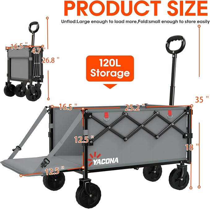 Yozoia 360LBS Heavy-Duty Foldable Wagon Cart with Wheels and Tailgate, 120L Collapsible Utility Wagon for Groceries, Outdoor Camping, Shopping, Beach, Garden