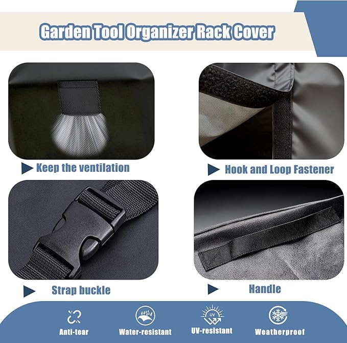 Garden Tool Organizer Rack Cover, 35.4"x31.5"x63", All-Weather Water-Resistant Cover, 420D Oxford Fabric, Easy-Access Tape Closures, Handles and Ventilation for Outdoor Storage