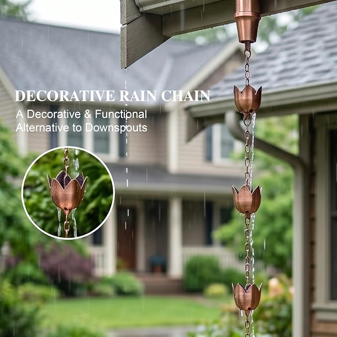 Topadorn Copper Rain Chain for Gutters, 8.5 FT Solid Copper Lotus Rain Chain, Decorative Downspout Alternative with 11 Cups for Garden, Patio & Outdoor Decor