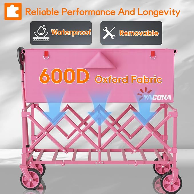 35" L Extra Long Wagons Carts Foldable, 360LBS Heavy Duty Collapsible Wagon with Wheels, Folding Wagon Portable Utility Cart for Groceries, Shopping, Camping, Sports (Pink, 180L)