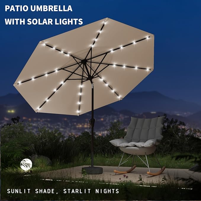 9FT Patio Umbrella with Solar Lights,Outdoor Market Umbrella with Tilt and Crank, LED Lighted Table Umbrella for Garden,Deck,Backyard,Pool,Beach