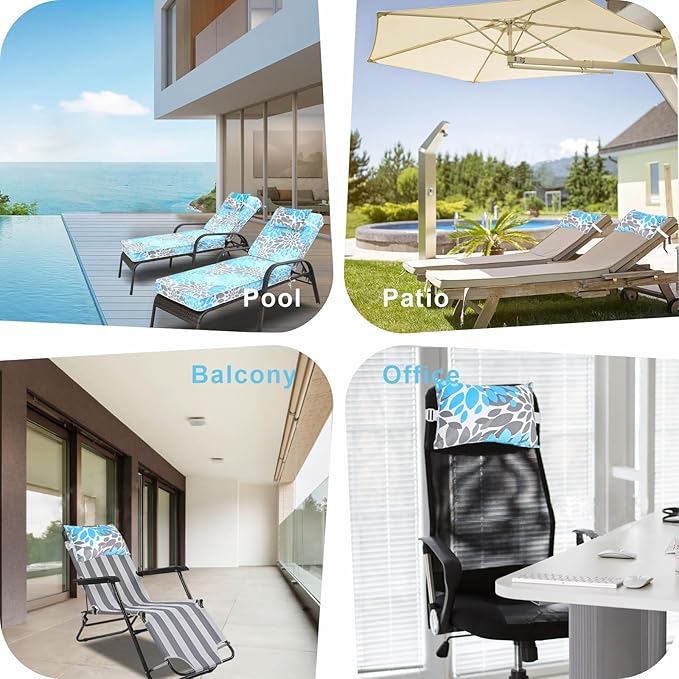 JMGBird Waterproof Chaise Lounge Pillows Set of 2-10x16 Inch Outdoor Headrest Cushions with Adjustable Straps for Pool Patio Beach Chair