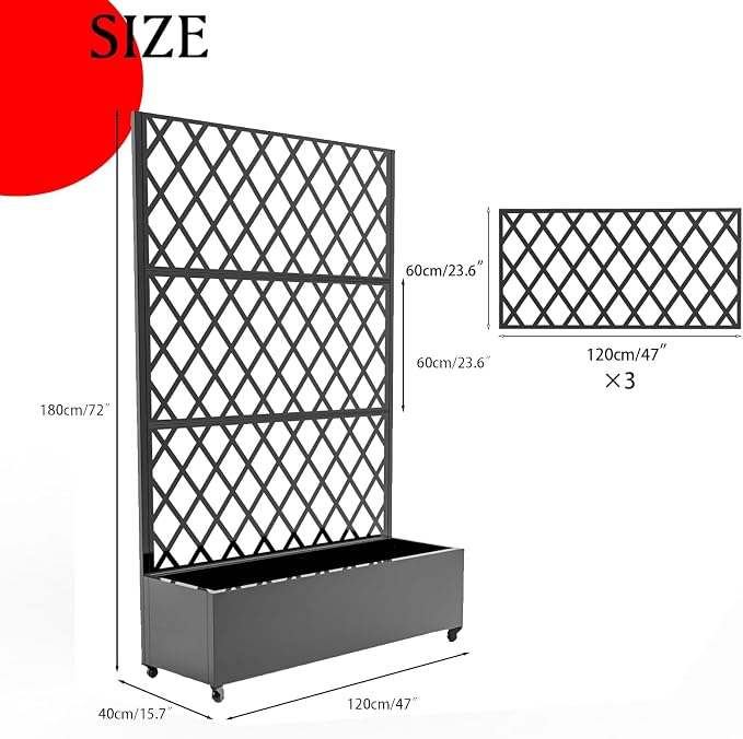 Metal Raised Garden Bed, 72" H x 47" W Privacy Planter Box with Trellis and Wheels, Hook, Freestanding Privacy Planter Box for Climbing Plants, Vegetables & Vines, Drainage Holes