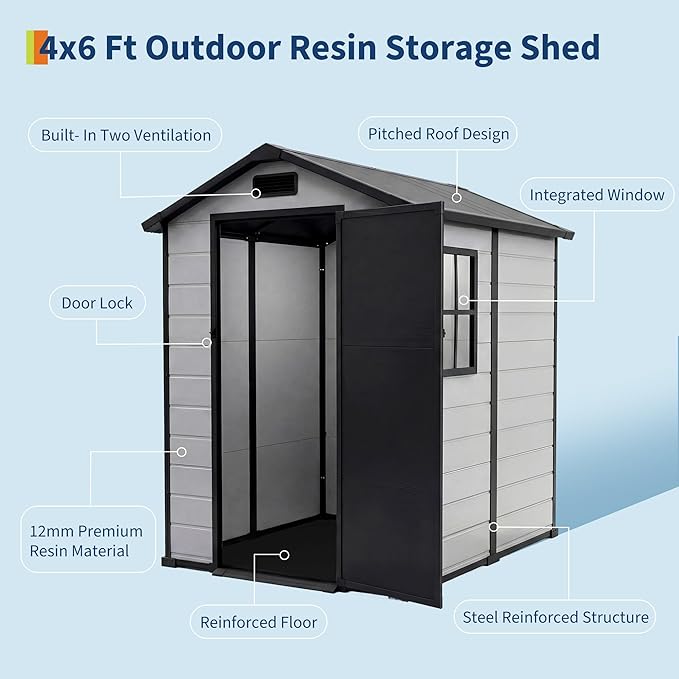 4x6 ft Outdoor Storage Shed with Floor, Plastic Resin Garden Shed with Window & Lockable Door, Tool Shed for Patio, Backyard, Lawn Mower, Bike Storage