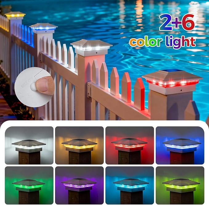 16Pack Solar Post Cap Lights - 8 RGB Color Changing Modes & Multicolor Flow, IP65 Waterproof - for 4x4/6x6 Wood & 4x4/5x5 Vinyl Fence Posts - Outdoor Deck, Patio, Garden Lights (White)