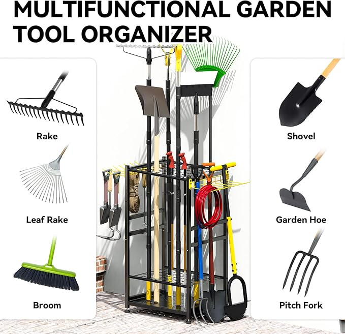 Garden Tool Organizer, Up 48 Long Handle Tool, Garage Storage and Organization with Side Hook for Broom/Rake/Shovel/T-Handle Tool, Heavy Duty Steel Outdoor Tool Rack,Yard Tool Stand for Shed