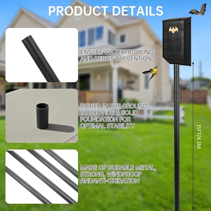 15 FT Telescoping Bird House Pole, Heavy Duty Bat House Mounting Pole | Adjustable outdoor mounting pole with ground socket for Purple Martin houses, birdhouses and bat houses in gardens and yards
