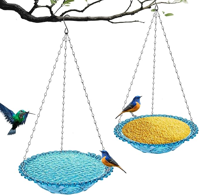 4 Pack Hanging Bird Baths Bowl Outdoor Bird Feeder 15.7 Inch Metal Chains, Weather-Resistant Hanging Bird Feeder & Bath Tray for Garden, Patio, Backyard Wildlife Decor (2P Blue)