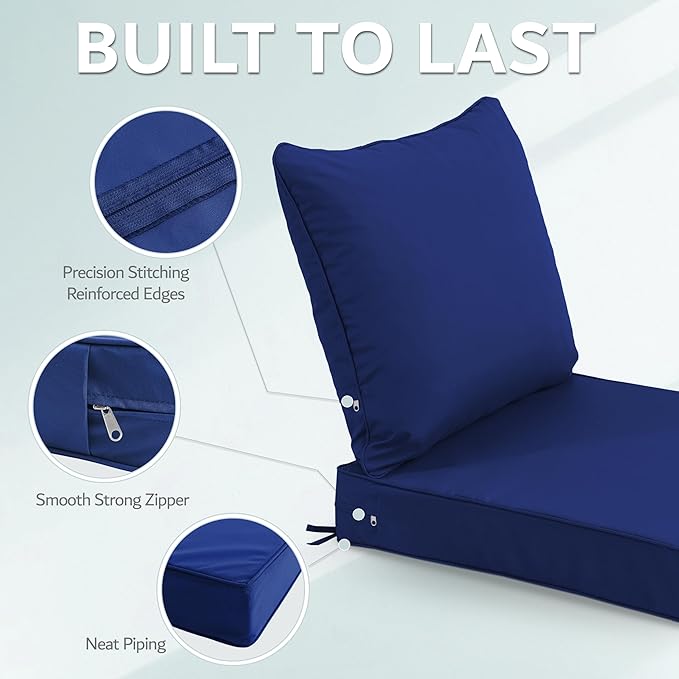 24x24 Inch Outdoor Chair Cushions Set of 4, Patio Furniture Cushions - Removable Cover, Water-Repellent, Fade-Resistant, Non-Slip Bottom & Straps, Replacement for Deep Seat Sofa & Couch - Navy