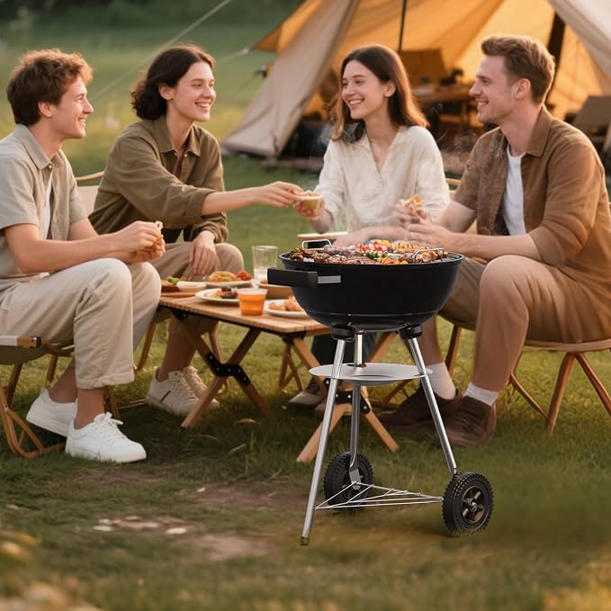 18 inch Charcoal Grill, Portable Kettle BBQ Grills, Barbecue Gift, Durable & Easy to Assemble, Round Barbecue Grill for Outdoor Cooking, Patio and Beach, Black