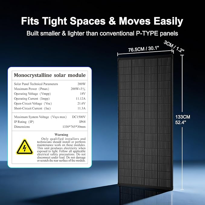 Solar Panels N-Type 16BB 200W Solar Panel, 200 Watt Solar Panel 18V A+ Monocrystalline Cell 25% High Efficiency, for RV Van Marine Home Rooftop Off-Grid Systems (52.4" x 30.1", Single Black)