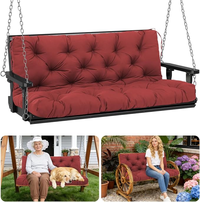 Porch Swing Cushions Outdoor 48 inch x 40 Waterproof Swing Cushions 3 Seater Replacement with Backrest & 8 Ties 5" Thick Bench Swing Cushions for Outdoor Furniture Patio(Wine red)