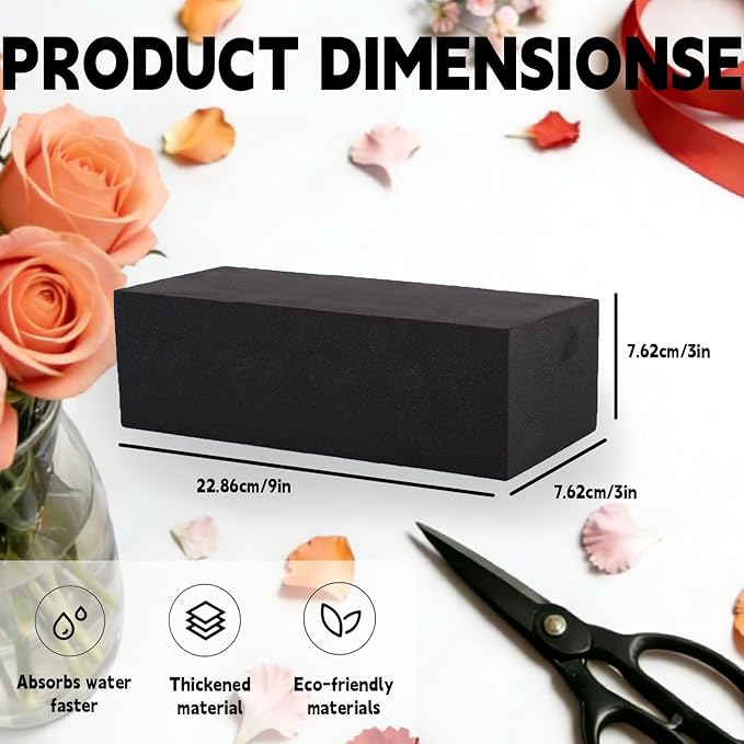 4 Piece Reusable Floral Foam Blocks black, 9 x 3 x 3 Inch, Water Resistant, for Artificial Flower Arrangements, Outdoor Planters, Wedding Decor (4, 9 * 3 * 3)