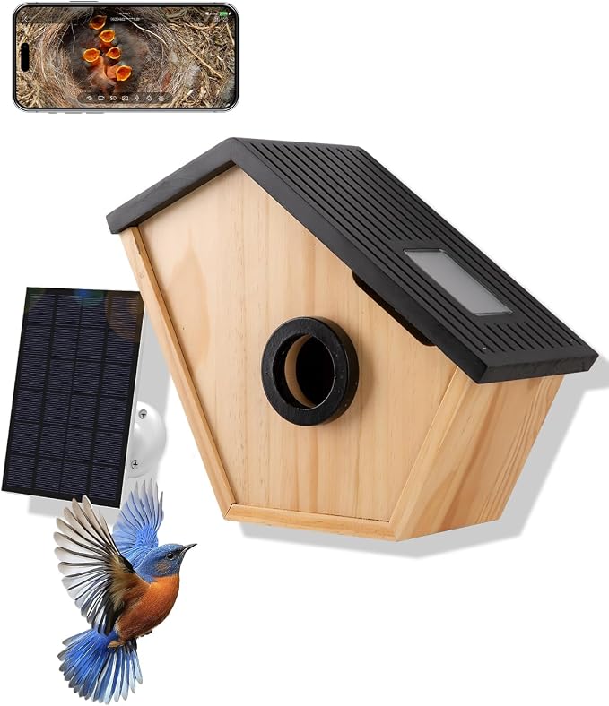Bird House with Camera, Wireless Birdhouse for Outside with 2K HD Camera, 2.4G WiFi, App Notify, Solar Powered, Night Vision, AI Identify, Ideal Bird Nesting for Blue Bird and Cardinal