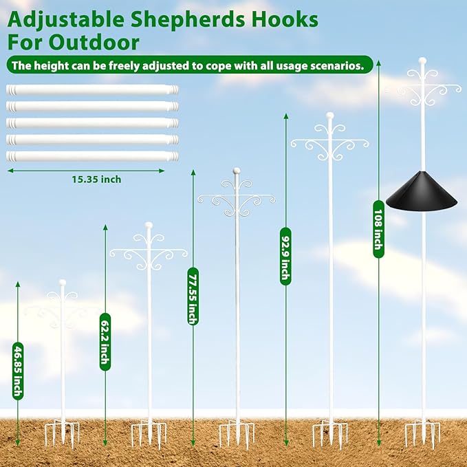 Bird Feeder Pole for Outdoors Heavy Duty Squirrel Proof, 2 Pack 108 Inch Adjustable Tall Shepherds Hooks for Outdoor with 5 Prongs Base, Double Shepherd Hooks (2 Pack White, 108 Inch)