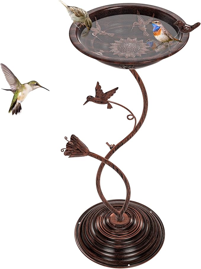 Bird Bath Garden for Outside, Vintage Metal Birdbaths Bowl with Roman Pedestal for Outdoors, Standing Bird Bath Bowl Birdfeeder for Yard Lawn Decor (Vintage Copper - Hummingbird)