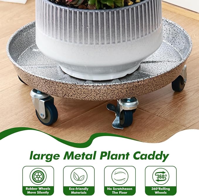 Planterhoma 3 Packs 13 inches Metal Plant Caddy with Wheels Large Rolling Plant Stand Heavy-duty Iron Plant Dolly Casters for Indoor Outdoor Flower Pot Mover Roller Coasters, Silver-black