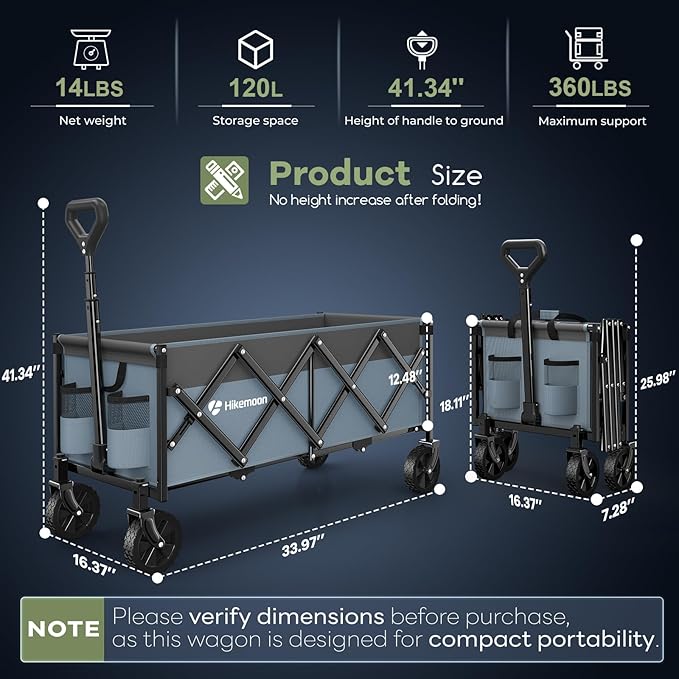 Hikemoon 34'' Extra Long Collapsible Wagons Carts Foldable, 360LBS Heavy Duty Folding Beach Wagon with Wheels, Portable Utility Outdoor Cart for Grocery, Garden, Sports, Camping, Blue & Grey