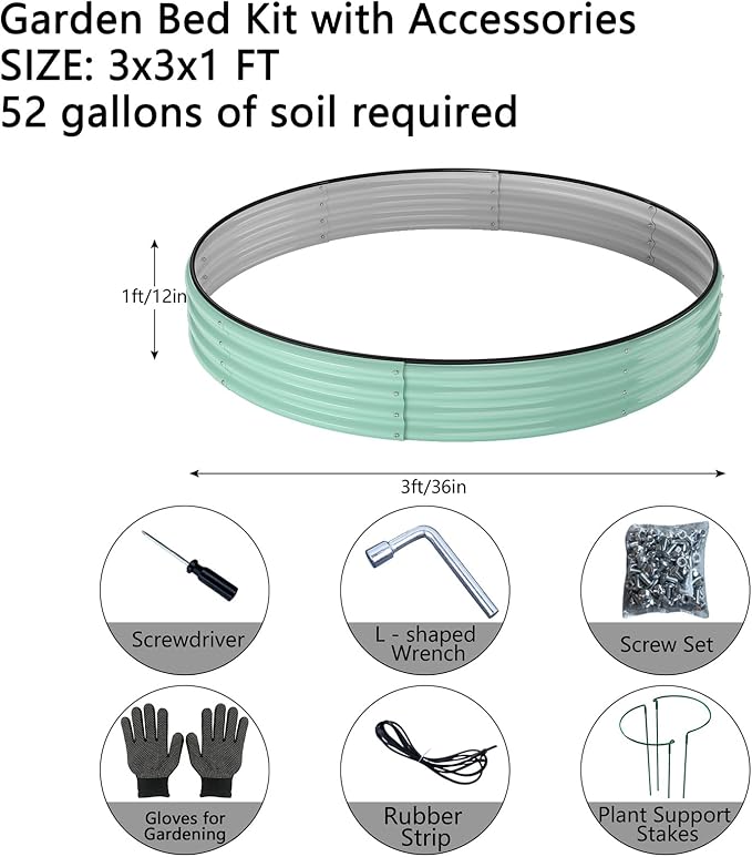 ZFHgarden Galvanized Metal Planter Round Raised Garden Bed Kit for Gardening Outdoor，3x3x1ft Grow Garden Box Raised Flower Bed，Round Galvanized Planter Outdoor Large Metal Fire Pit Ring Green