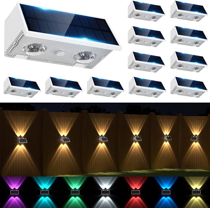 Solar Fence Lights Outdoor, 12 Pack Warm & Cool White RGB LED IP68 Waterproof Wall Mount Sconce Up & Down Solar Lights for Outside Garden Patio Backyard Garage Step（White