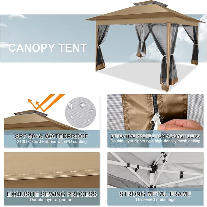 COBIZI 12x12 FT Pop up Gazebo on Clearance Canopy Tent, Carpas para Patio, Easy up Outdoor Canopy Tents with Portable Storage Bag for Backyard, Outdoor Waterproof Gazebos for Garden,Camping, Brown